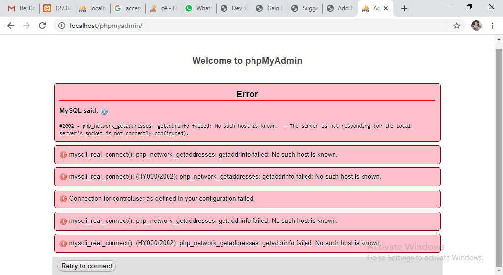 No such host. Connection for controluser as defined in your configuration failed.. PHPMYADMIN ошибка отсутствует индекс в столбце.