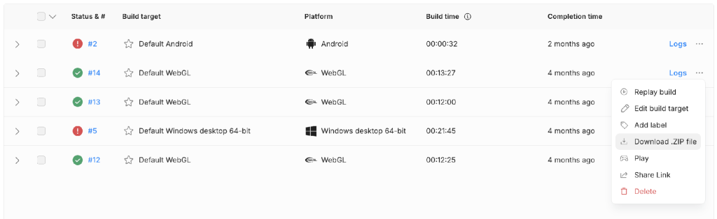 Unity Build Automation CI/CD UI
