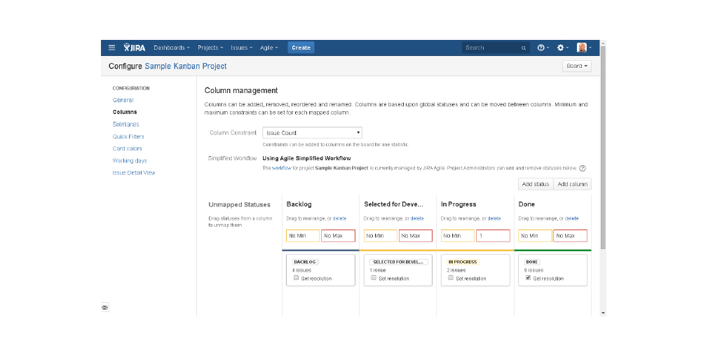 Configuration: Columns for Kanban 