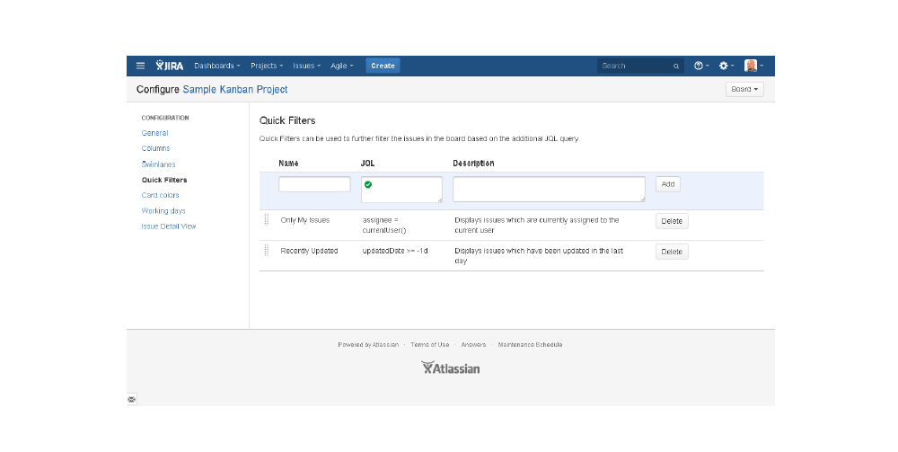 Configuration: Quick FiIters for Kanban 